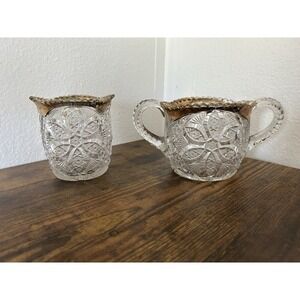 2-PC EAPG‎ Vintage Imperial Glass Crystal Gold Trim Creamer Pitcher & Sugar Bowl